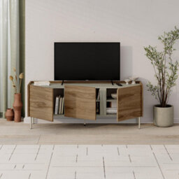 Decortie Modern 140Cm Tv Stand Unit Up To 50' Tvs, 3 Soft-Close Door, Storage Cabinet Shelves, Metal Legs, Travertine,whiskey Oak - thumbnail 5