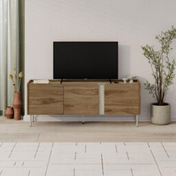 Decortie Modern 140Cm Tv Stand Unit Up To 50' Tvs, 3 Soft-Close Door, Storage Cabinet Shelves, Metal Legs, Travertine,whiskey Oak - thumbnail 6