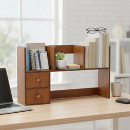 Walnut Wood Colour - 80Cm - Basic Creative Wooden Desktop Bookshelf Organizer Office Desk Storage Shelf Tidy Rack - thumbnail 4
