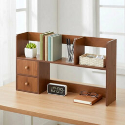 Walnut Wood Colour - 80Cm - Basic Creative Wooden Desktop Bookshelf Organizer Office Desk Storage Shelf Tidy Rack - thumbnail 5