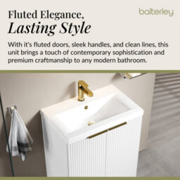 Balterley 600mm Satin White Fluted 2-Door Floor Standing Vanity Unit With Basin & Brushed Brass Handles - thumbnail 4