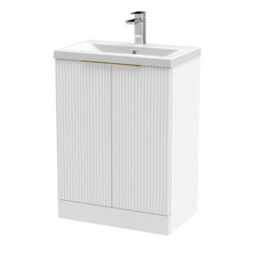 Balterley 600mm Satin White Fluted 2-Door Floor Standing Vanity Unit With Basin & Brushed Brass Handles - thumbnail 1