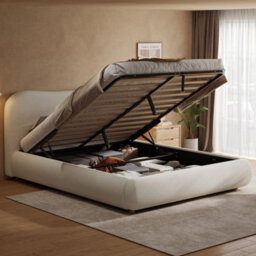 Modernluxe 4Ft6 Double Bed, Ottoman Bed, 135X190Cm, With Curved Shaped Headboard, Bouclé, Warm White - thumbnail 2