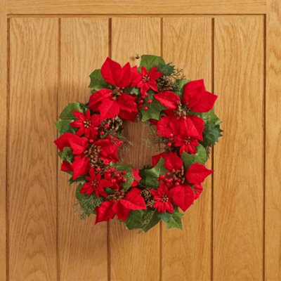 Samuel Alexander 40Cm Red Hanging Christmas Poinsettia Wreath With Berries And Pinecones - image 1