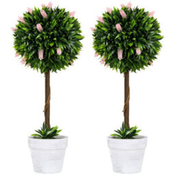 Homcom Set Of 2 Potted Artificial Plants Ball Tree With Flowers, Pink - thumbnail 2