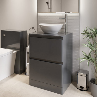 Affine 600mm Bathroom Countertop Vanity Unit Oval Basin Sink Freestanding Gloss Grey - image 1