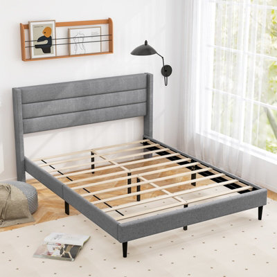 Costway Double Bed Frame Linen Upholstered Platform Bed W/ Headboard-Grey - image 1