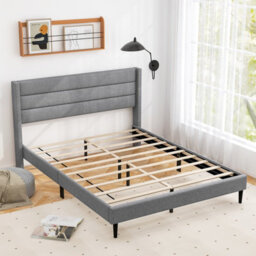 Costway Double Bed Frame Linen Upholstered Platform Bed W/ Headboard-Grey