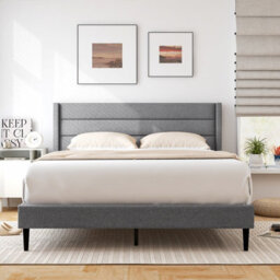 Costway Double Bed Frame Linen Upholstered Platform Bed W/ Headboard-Grey - thumbnail 5