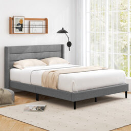 Costway Double Bed Frame Linen Upholstered Platform Bed W/ Headboard-Grey - thumbnail 3