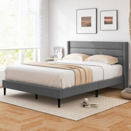 Costway Double Bed Frame Linen Upholstered Platform Bed W/ Headboard-Grey - thumbnail 4