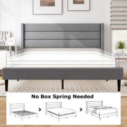 Costway Double Bed Frame Linen Upholstered Platform Bed W/ Headboard-Grey - thumbnail 7