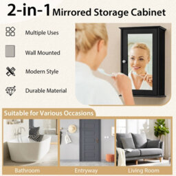 Costway Bathroom Medicine Cabinet Wall Mounted Mirror Cabinet W/ Single Door-Black - thumbnail 9