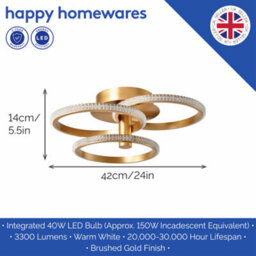 Happy Homewares Modern Designer Brushed Gold Led Ceiling Light With Crystal Effect Acrylic - thumbnail 5