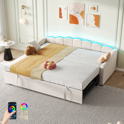 Matteo Beige Velvet Petal Daybed With Pull-Out Trundle Bed & Rgb Led Lighting - 3Ft Single Upholstered Sofa Bed - image 1