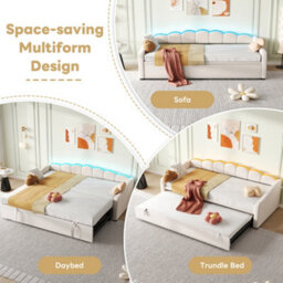 Matteo Beige Velvet Petal Daybed With Pull-Out Trundle Bed & Rgb Led Lighting - 3Ft Single Upholstered Sofa Bed - thumbnail 6