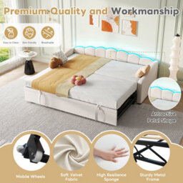 Matteo Beige Velvet Petal Daybed With Pull-Out Trundle Bed & Rgb Led Lighting - 3Ft Single Upholstered Sofa Bed - thumbnail 9