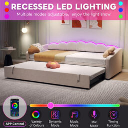 Matteo Beige Velvet Petal Daybed With Pull-Out Trundle Bed & Rgb Led Lighting - 3Ft Single Upholstered Sofa Bed - thumbnail 7