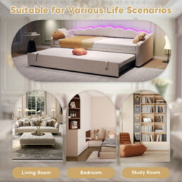 Matteo Beige Velvet Petal Daybed With Pull-Out Trundle Bed & Rgb Led Lighting - 3Ft Single Upholstered Sofa Bed - thumbnail 8