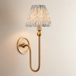Luminosa Lighting Luminosa Santiago Brushed Aged Brass Plate Wall Light With Shell Bay Blue Fabric Leaf Shade 16Cm B22 - thumbnail 2