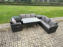 Fimous 7 Seater Rattan Garden Furniture Set Oblong Dining Table And Chairs Set With 3 Seater Sofa 2 Side Tables Dark Grey Mixed - thumbnail 2
