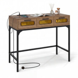 Costway Console Table W/ Led Lights & Outlets 90 Cm Long Sofa Table W/ Drawers-Natural