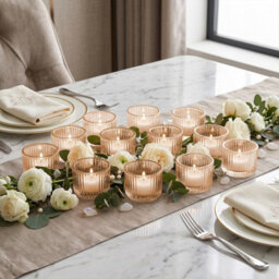 Living And Home 12 Pack Striped Amber Soda Lime Glass Tealight Holders Tabletop Decor For Wedding Dinner Parties - thumbnail 2