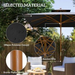 Outsunny 3(M) Wood Square Umbrella Garden Market Parasol Sunshade Black - thumbnail 4