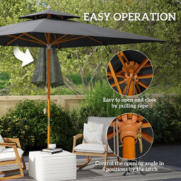 Outsunny 3(M) Wood Square Umbrella Garden Market Parasol Sunshade Black - thumbnail 6