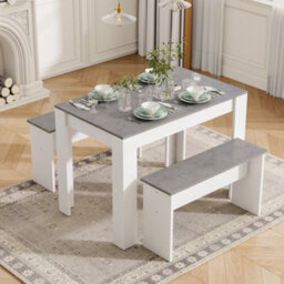 Btm Dining Table Set With 2 Benches, Artificial Marble Top, Space-Saving Kitchen Table, Grey/white