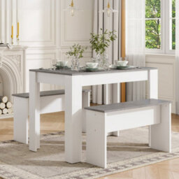 Btm Dining Table Set With 2 Benches, Artificial Marble Top, Space-Saving Kitchen Table, Grey/white - thumbnail 2