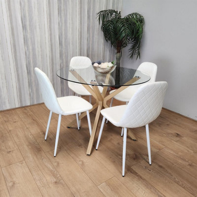Kosy Koala Round Glass Dining Table Set With 4 White Gem Pattern Chairs Dining Room Furniture - image 1