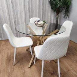 Kosy Koala Round Glass Dining Table Set With 4 White Gem Pattern Chairs Dining Room Furniture - thumbnail 2