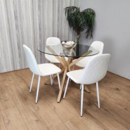 Kosy Koala Round Glass Dining Table Set With 4 White Gem Pattern Chairs Dining Room Furniture - thumbnail 1