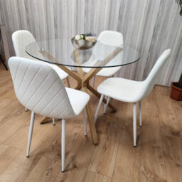 Kosy Koala Round Glass Dining Table Set With 4 White Gem Pattern Chairs Dining Room Furniture - thumbnail 5