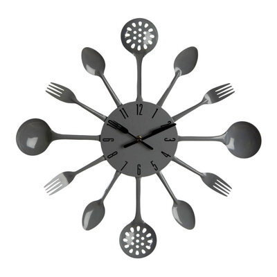Orsina Grey Cutlery Wall Clock, Fun Analogue Clock With Cutter And Fork Hands, Decorative Wall Clock For Kitchen - image 1