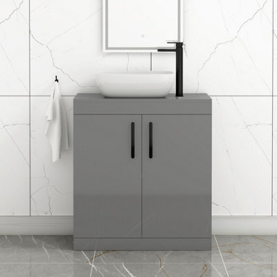 Royal Bathrooms Turin 800mm Floor Standing Vanity Unit 2 Door Indigo Grey Gloss & Countertop Basin - Elva With Matt Black Handle - image 1