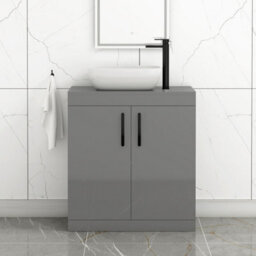 Royal Bathrooms Turin 800mm Floor Standing Vanity Unit 2 Door Indigo Grey Gloss & Countertop Basin - Elva With Matt Black Handle - thumbnail 1
