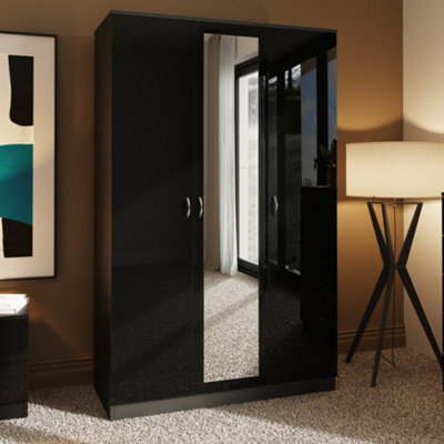 Fwstyle 3 Door Triple Mirrored Wardrobe Black Gloss Scratch Resistant Bedroom Furniture - image 1