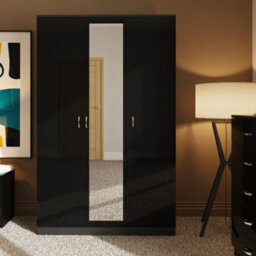 Fwstyle 3 Door Triple Mirrored Wardrobe Black Gloss Scratch Resistant Bedroom Furniture - thumbnail 2