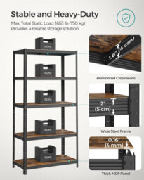 Songmics 5 Tier Shelving Unit, Rack, Industrial, Adjustable Shelves, For Living Room, Kitchen, Garage, Black & Rustic Brown - thumbnail 3