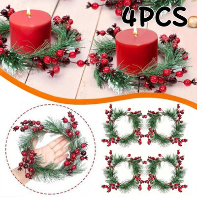 Amorly 4Pcs Christmas Candle Rings, Artificial Grass Red Berry Mini Wreaths, Decorative Garland For Pillar Candles, Xmas Table Ornaments - image 1