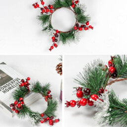 Amorly 4Pcs Christmas Candle Rings, Artificial Grass Red Berry Mini Wreaths, Decorative Garland For Pillar Candles, Xmas Table Ornaments - thumbnail 7