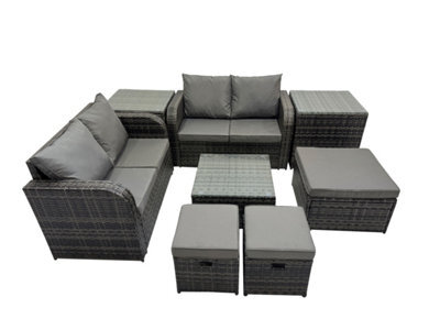 Fimous Rattan Garden Outdoor Furniture Set Love Sofa Square Coffee Table Set With 2 Side Tables 3 Stools Dark Grey Mixed - image 1