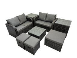 Fimous Rattan Garden Outdoor Furniture Set Love Sofa Square Coffee Table Set With 2 Side Tables 3 Stools Dark Grey Mixed - thumbnail 2