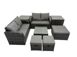 Fimous Rattan Garden Outdoor Furniture Set Love Sofa Square Coffee Table Set With 2 Side Tables 3 Stools Dark Grey Mixed - thumbnail 1