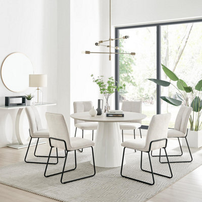 Furniturebox Uk Palma Beige Stone Effect Round Dining Table & 6 Cream Halle Chairs - image 1