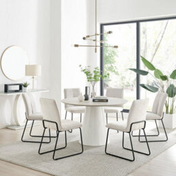 Furniturebox Uk Palma Beige Stone Effect Round Dining Table & 6 Cream Halle Chairs - thumbnail 1