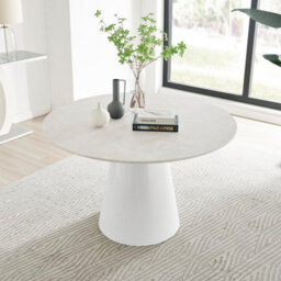 Furniturebox Uk Palma Beige Stone Effect Round Dining Table & 6 Cream Halle Chairs - thumbnail 3