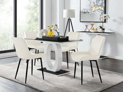 Furniturebox Giovani Rectangular 4 Seat White High Gloss Unique Halo Base Dining Table Black Glass Top 4 Cream Velvet Black Leg Pesaro Chairs - image 1